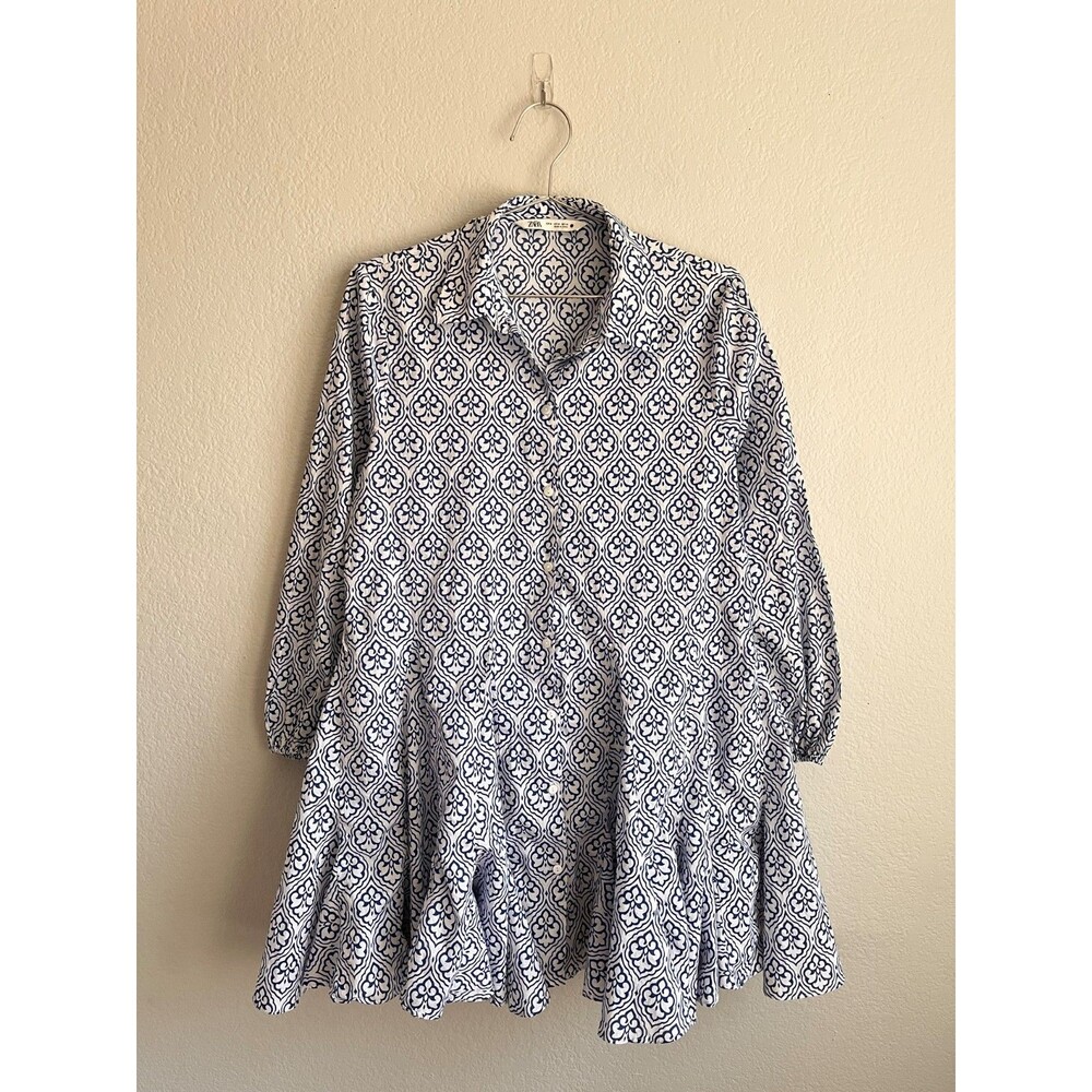 Zara Printed Ruffle Hem Mini Shirt Dress in Blue/White Size MEDIUM